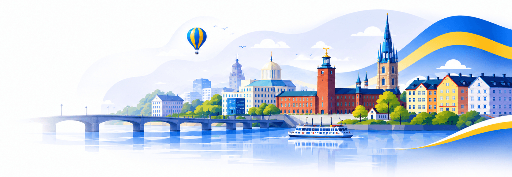 Illustration av Stockholms stadssiluett med Stadshuset, Riddarholmskyrkan och en båt på vattnet, mot ett blågult band