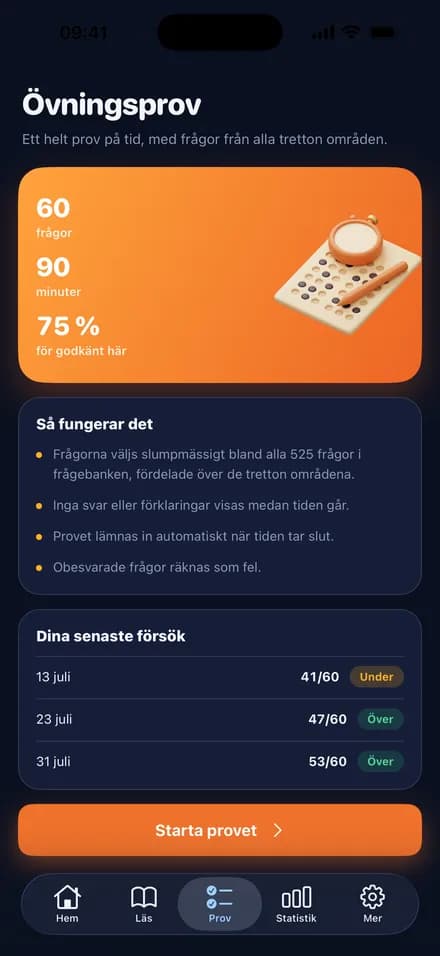 Provsimuleringen i appen Fokus Medborgare: 60 frågor på 90 minuter och 75 procent för godkänt.