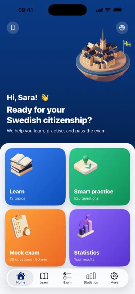 The Fokus Medborgare home screen, showing Learn, Smart practice, Mock exam and Statistics.