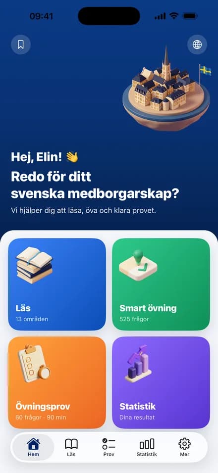 Startskärmen i appen Fokus Medborgare, med Lär dig, Smart övning, Provsimulering och Statistik.